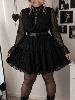 Women's Black Swiss Dot Ruffle Mini Dress